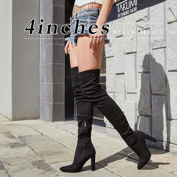 ⚡Women's Black Suede Pointed Toe Block Heeled Stretch High Heel Knee High Boots - Picture 2 of 5